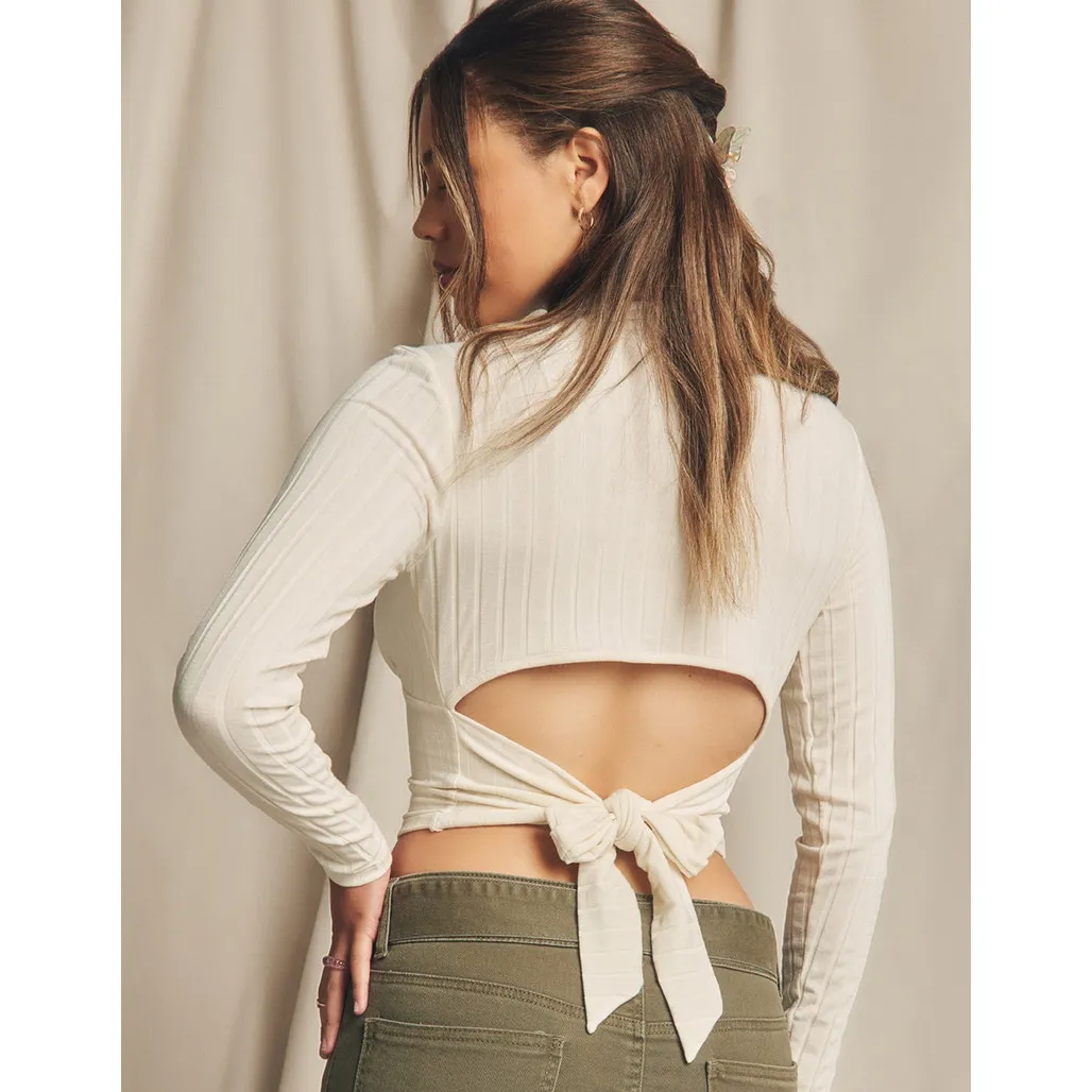 RSQ Womens Top Sz L Cream Open Tie Back‎ Cropped Top Crop Ribbed Long Sleeve - Image 2