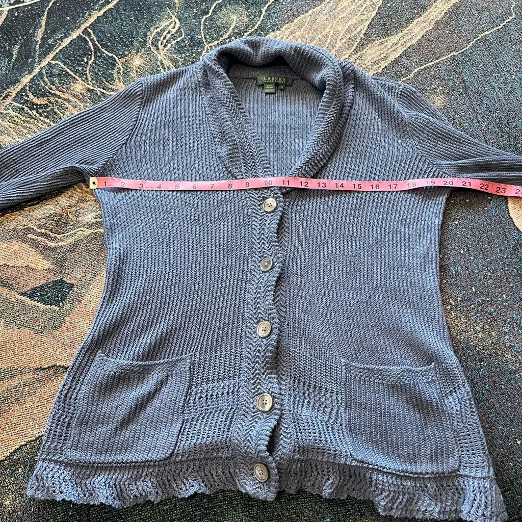 Vintage Lauren Ralph Lauren Blue Shawl Collar Cardigan Knit Top Women’s M Button Size M - Image 13