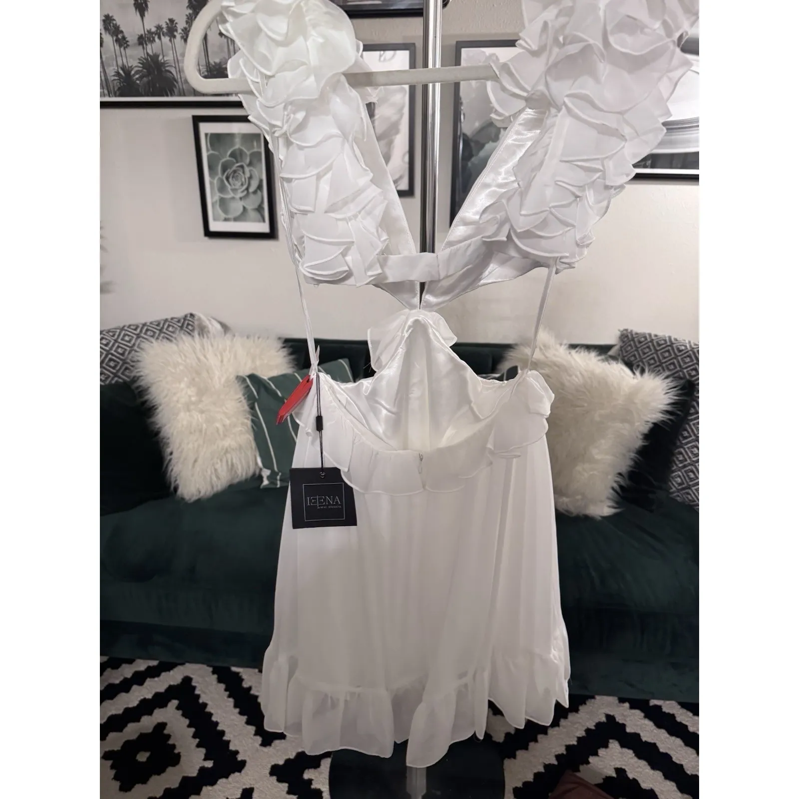 Mac Duggal 55688 Chiffon White Cut-Out Waist Ruffle Mini Dress Size 6 MSRP $348 - Image 5