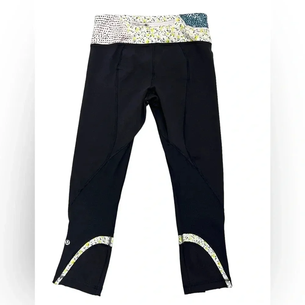 Lululemon Run Inspire Crop Leggings Black Neutral Blush Floral Athletic Pants 4 - Image 6