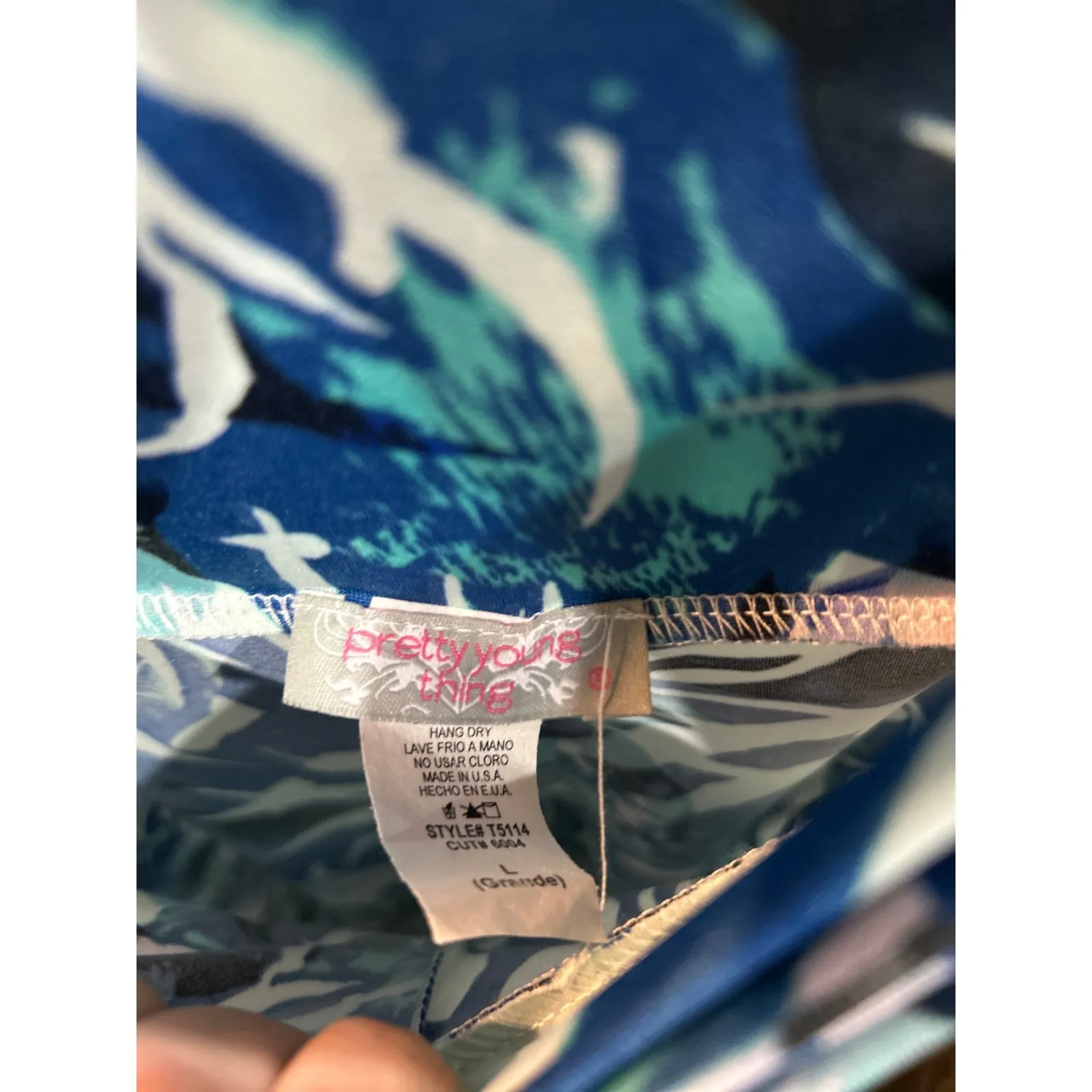 Pretty Young Thing Maxi Pants Blue Tropical Leaf Print Elastic Waist L Size L - Image 5