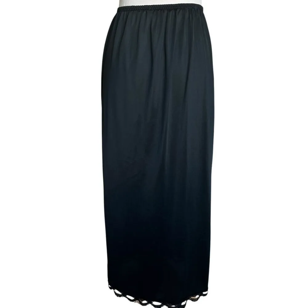 VTG 70s Maxi Half Split Slip M Lace Trim Hem Romantic Goth Lace Coquette Fairy Black Size M - Image 4