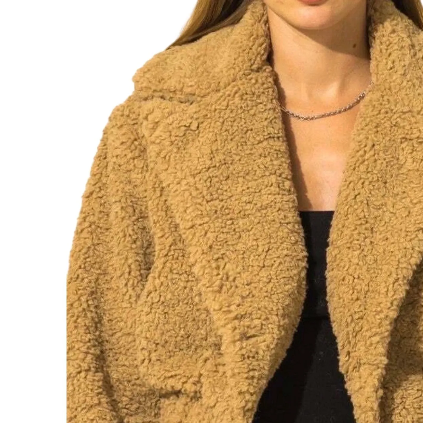 HYFVE Teddy Bear Sherpa Faux Fur Cropped Jacket Coat Women's Large Mustard Boho - Image 3