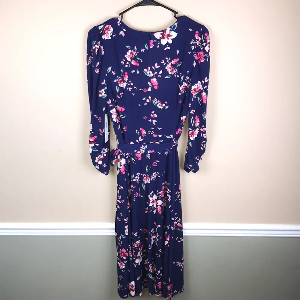NWT Eliza J Women’s Floral Navy Blue Puff Sleeve Waist Tie Leg Slit Long Dress - Image 7