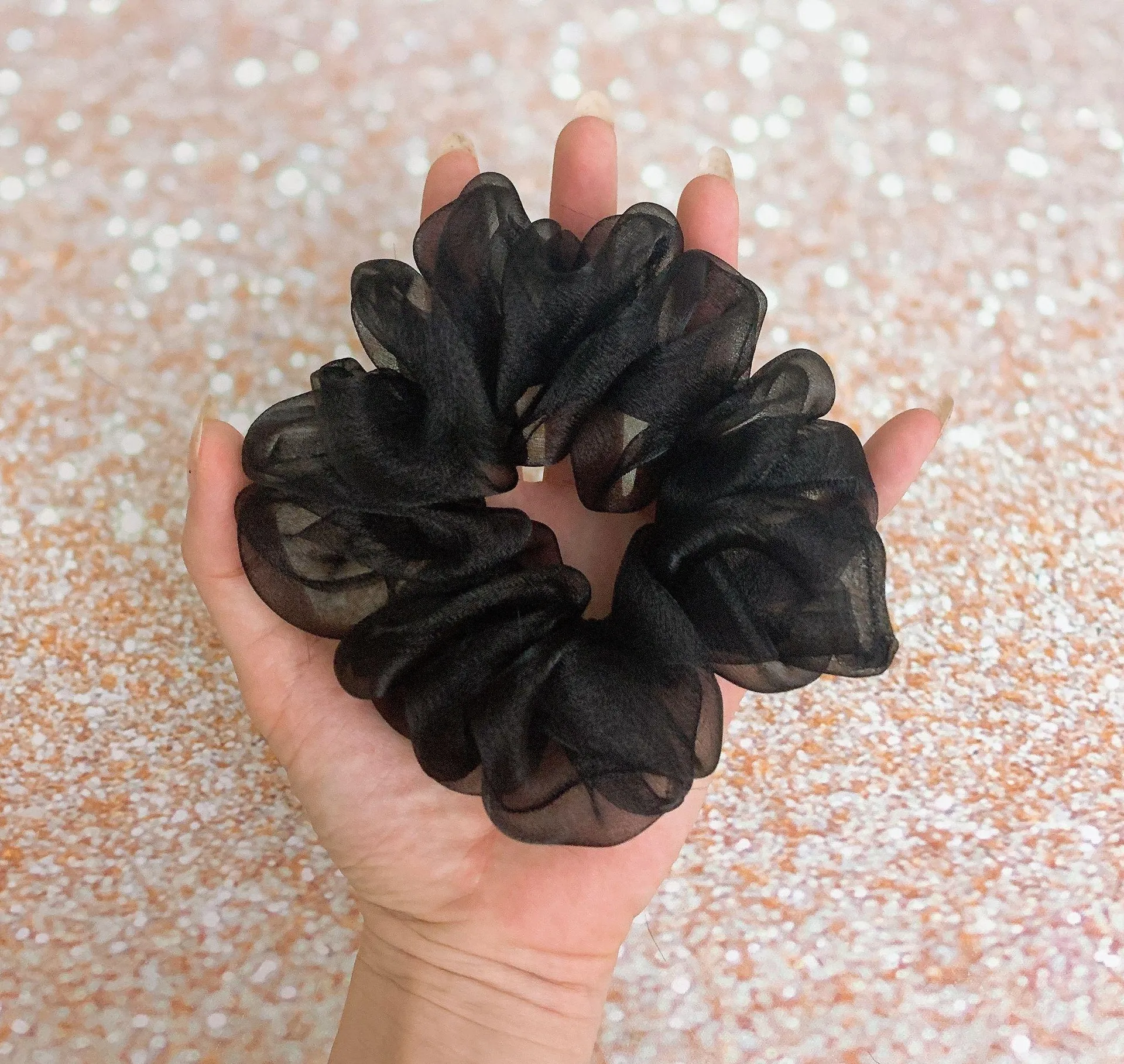 Black Crystal Organza Scrunchie Hair Tie - Image 3