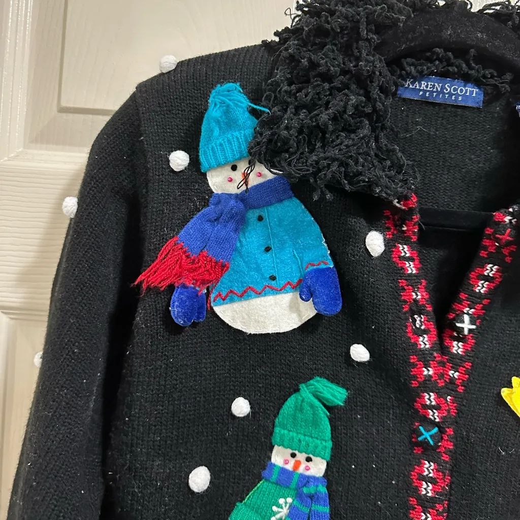 Karen Scott long sleeve cardigan winter snowman Christmas size petite small - Image 3