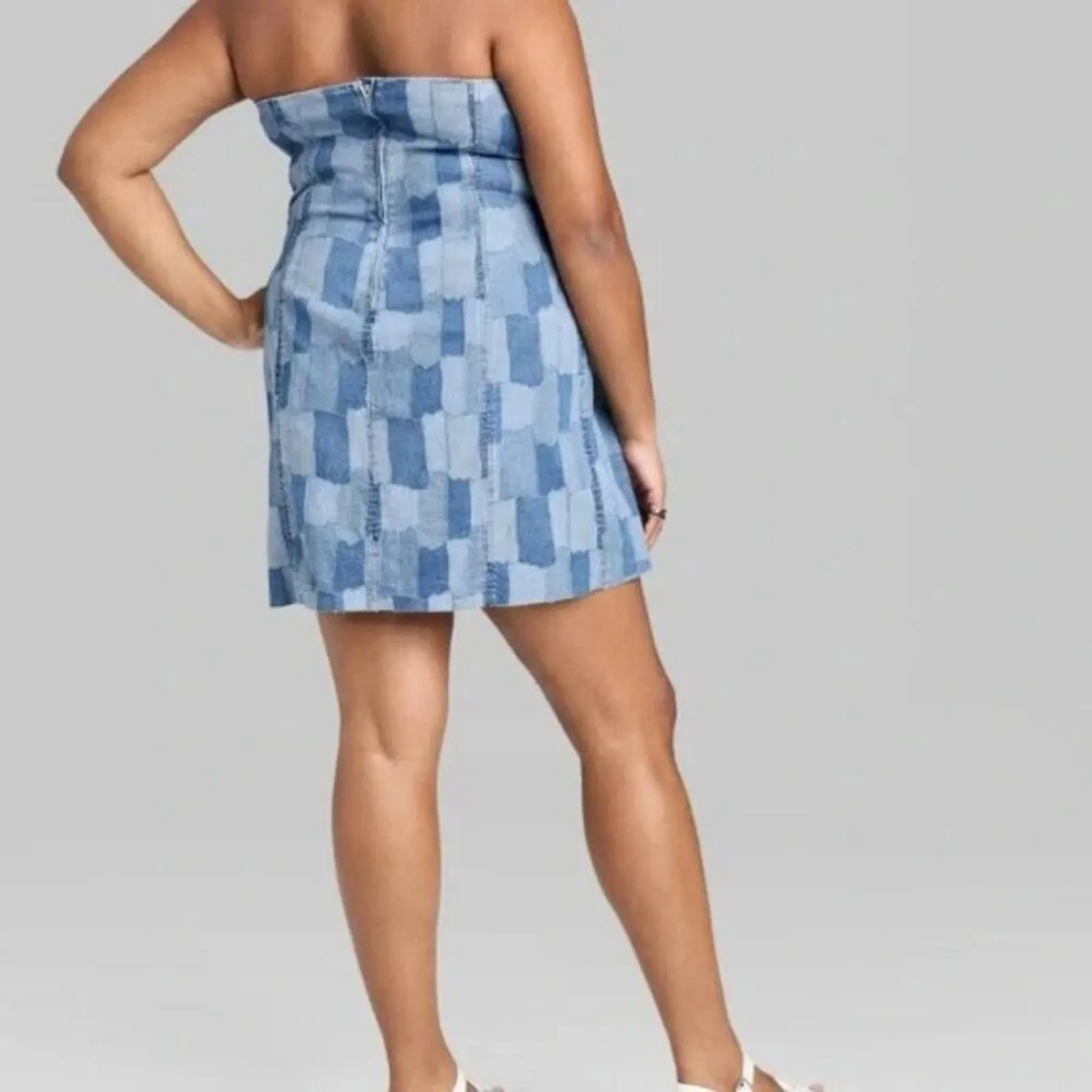 NWT Wild Fable Strapless Mini Tube Dress Womens XXL Blue Denim Patchwork Retro - Image 2
