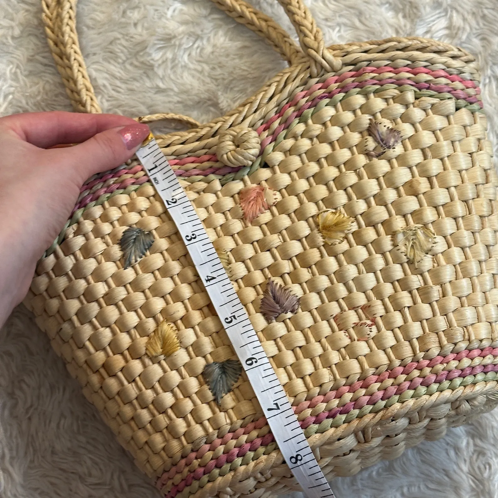 Vintage Straw Cottagecore Handle Purse Basket Bag Pink Gingham Floral - Image 10