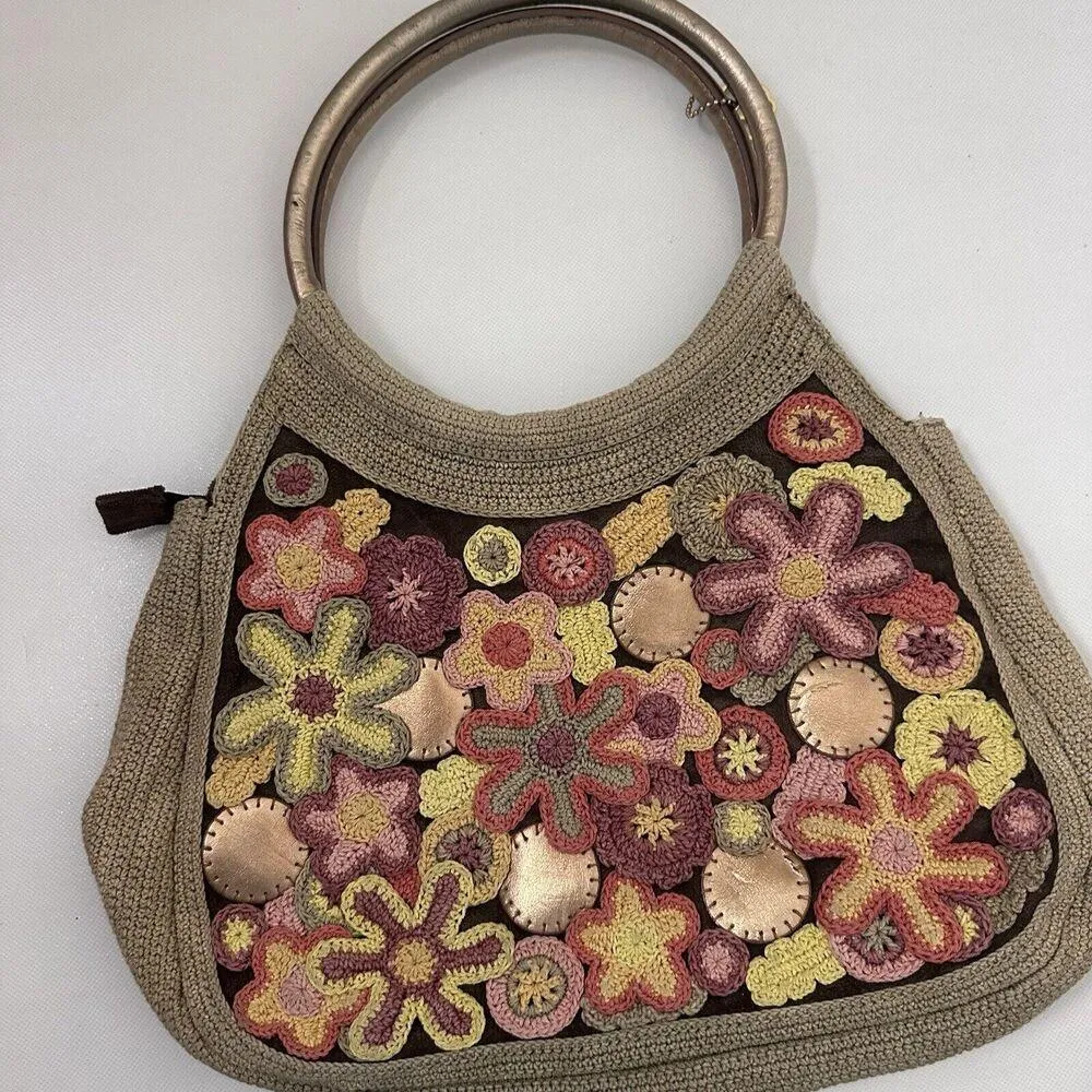 Boho Macrame Crochet Purse Bag Tote Round Handles Floral Brown Hippie 70’s Y2K - Image 2