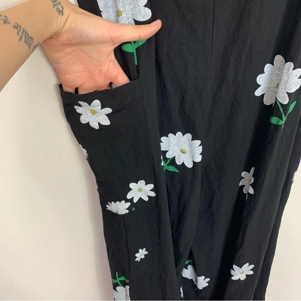 Handmade Painted Daisy Floral Print Jumpsuit Size Medium Black - Image 5