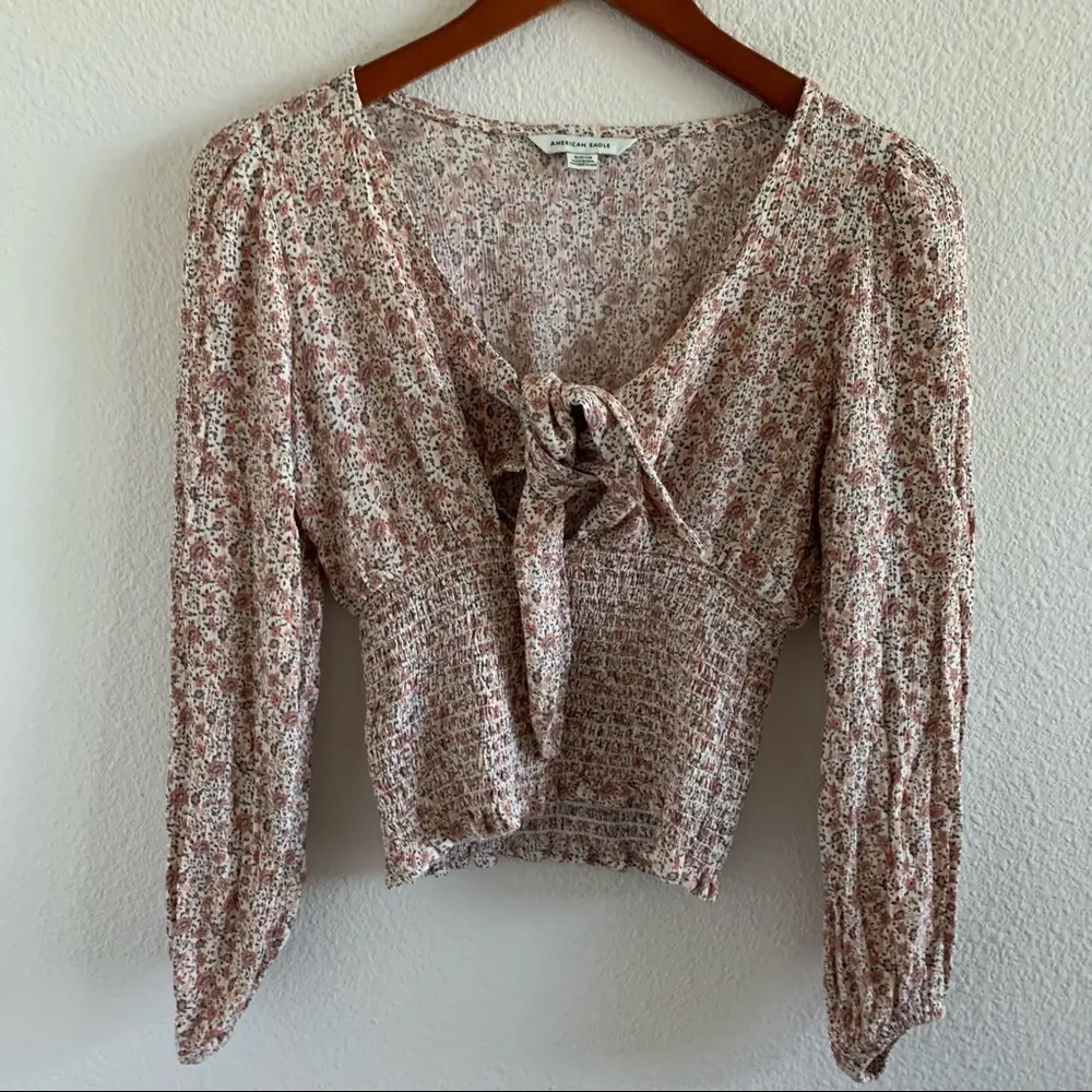American Eagle Smocked Long Sleeve Tie Front Top Romantic Mini Floral Small - Image 4