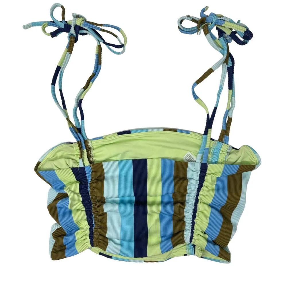 Aerie Ribbed Long Line Bandeau Bikini Top Ruched Striped Blue Yellow Size M NEW - Image 5