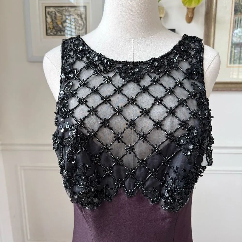 Vintage 80s 90s Purple Black Mesh Beaded Illusion Bodice Formal Gown M Purple Size M - Image 3