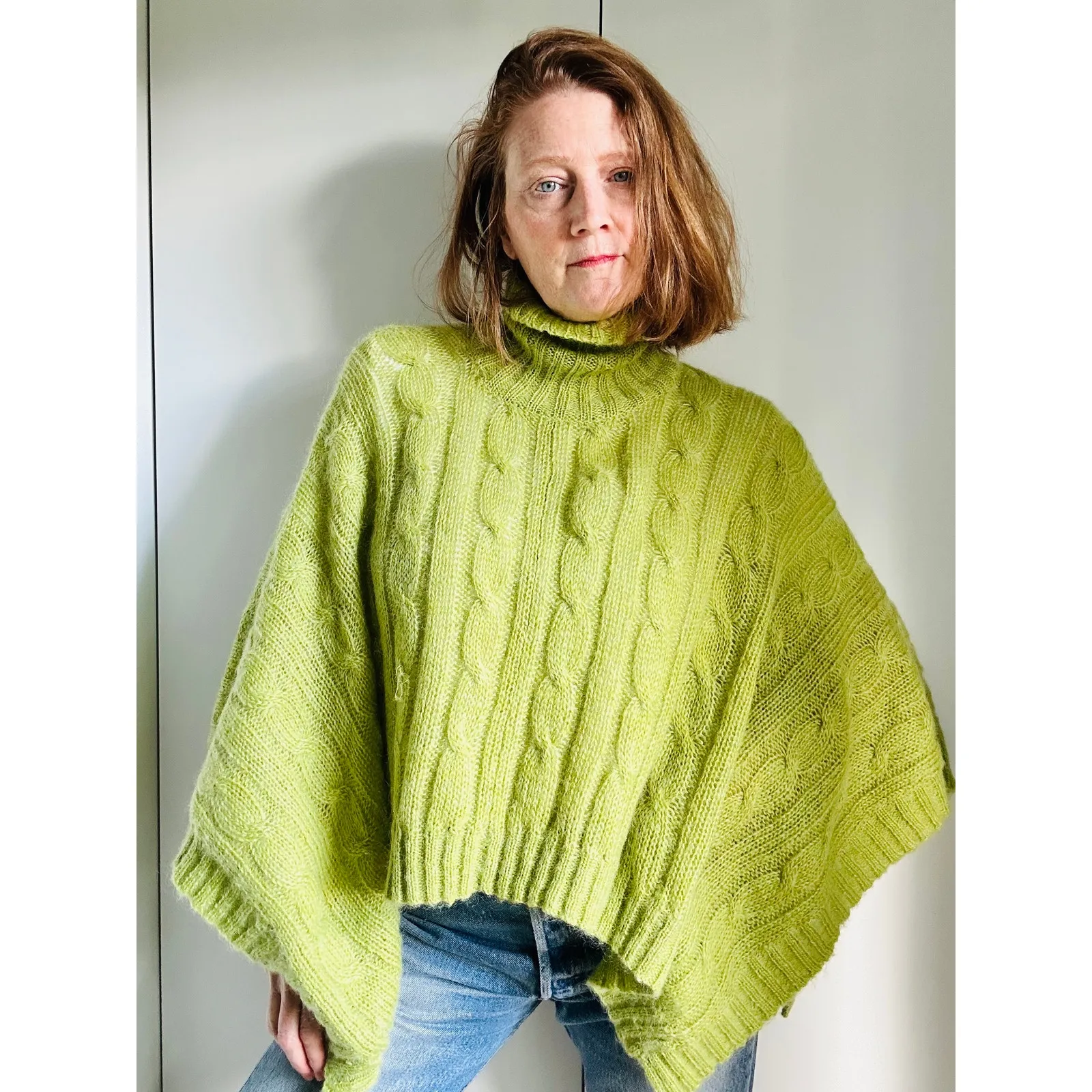 525 Women’s Mohair Knit Poncho Green Turtleneck Cozy Fall Layering Sweater OSFM - Image 6