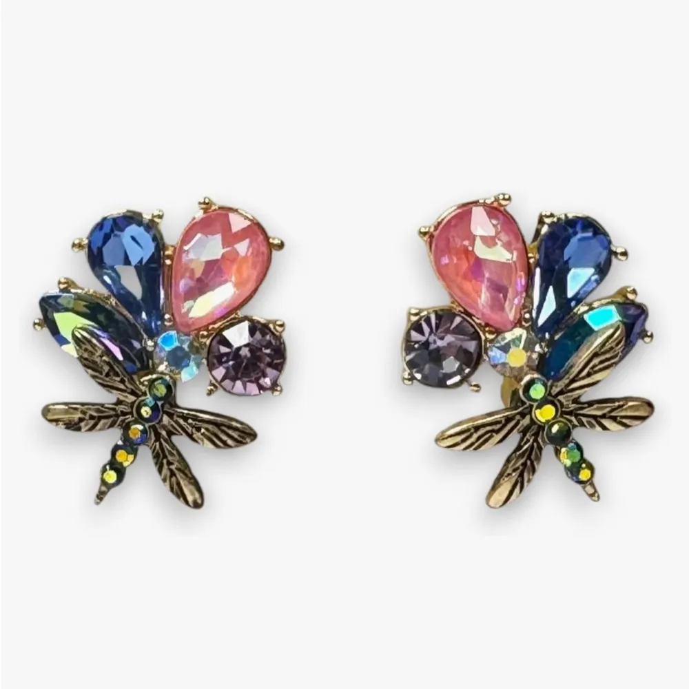 Betsey Johnson Flower and Dragonfly Earrings Gold Tone Pink Purple - Image 2