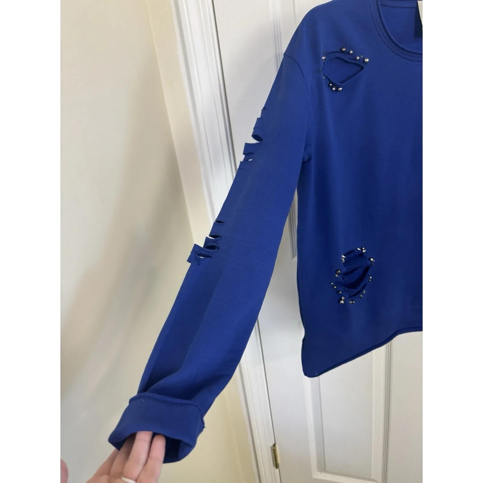 Jijil Royal Blue Distressed Studded Pullover Oversized Medium Grunge Abstract - Image 7