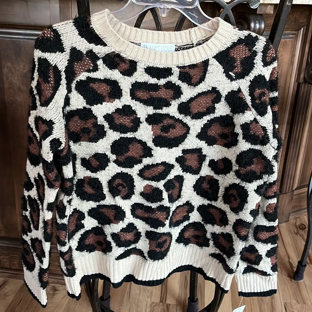 Sweater Planet Gold Leopard Print Brown Crewneck Womens Small - Image 10