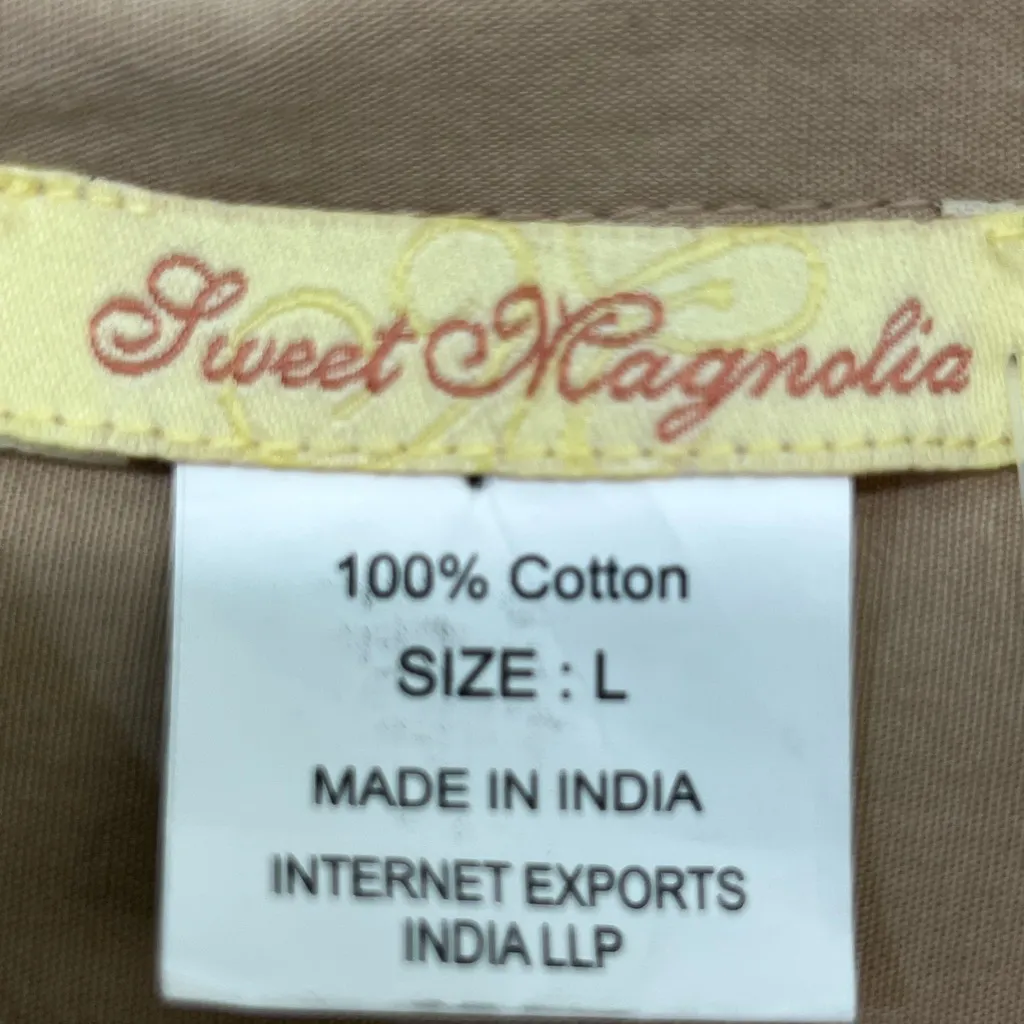 Sweet Magnolia Long Sleeve Shirt Dress W/Embroidered cut out 100% Cotton L Tan Size L - Image 3