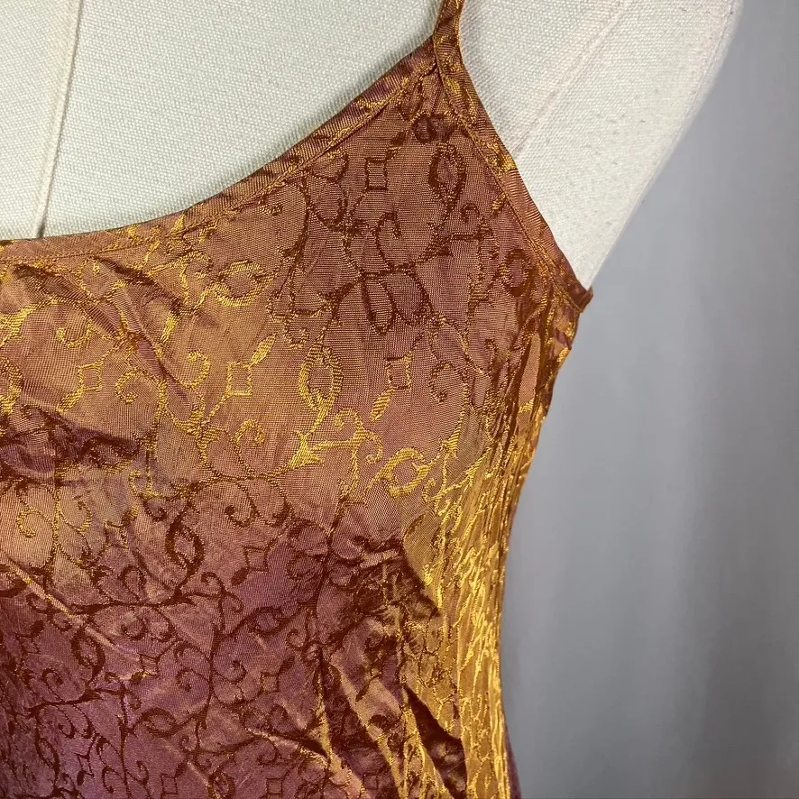 Vintage Newport News Slip Dress 10 4 Gold Jacquard Satin Maxi Y2K Fairy 90's - Image 2