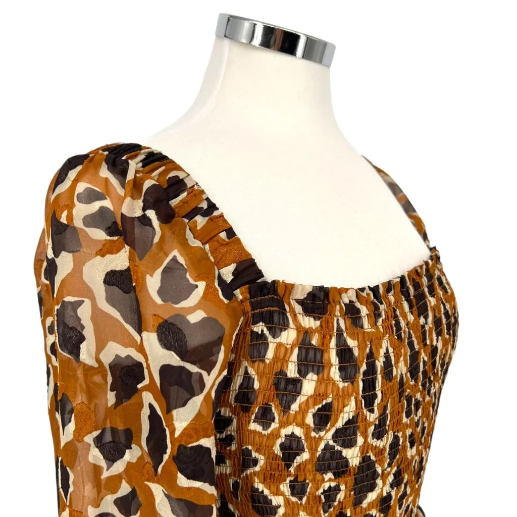 J.O.A. Leopard Print Smocked Top Long Sheer Sleeve Top Brown Black Size XS - Image 3