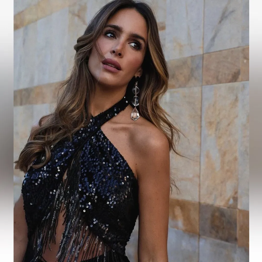 ZARA SEQUINNED HALTER JUMPSUIT WITH FRINGING BLACK FW24 SIZE Large REF. 0387/167 - Image 2