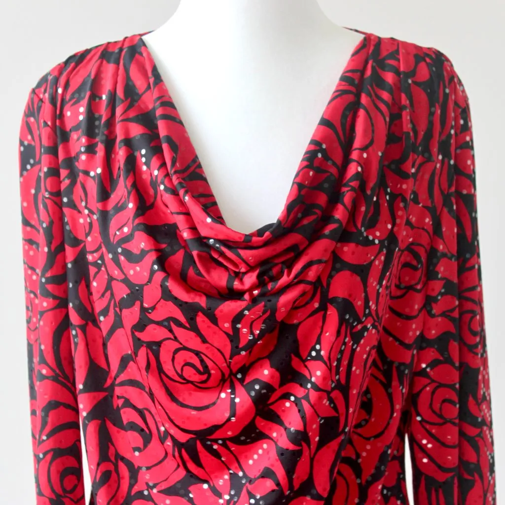 NWT Prelude Red Black Floral Rose Pattern Long Sleeve Cowl Neck Blouse Medium - Image 2