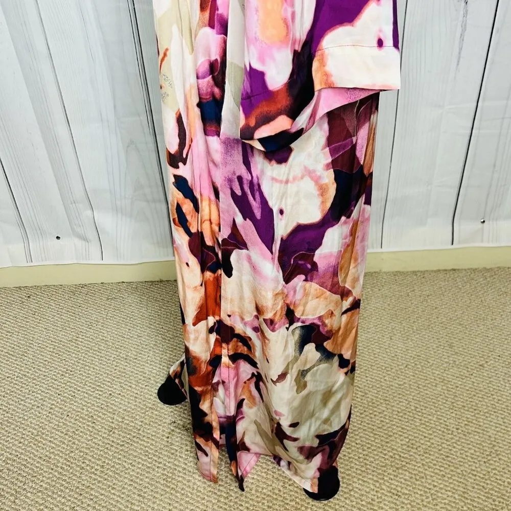 N Natori Caftan Pink Purple Abstract Floral Mix Sz L Full Zip 3/4 Sleeve Pockets - Image 8