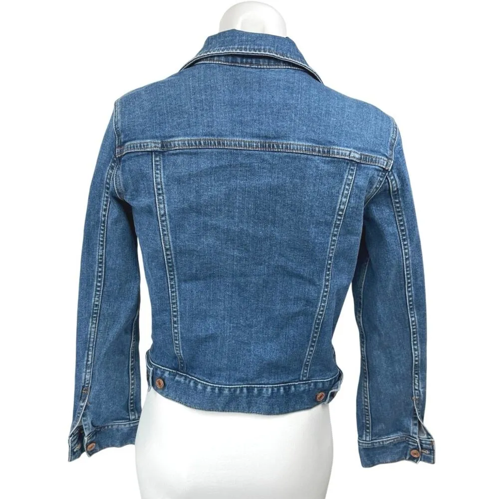 J.Crew Women's Blue Denim Long Sleeve Stretch Button Down Crop Jean Jacket Sz XS - Image 2