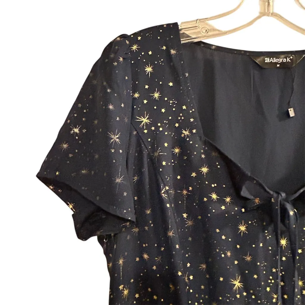 Allegra K Women's Star Print A-Line Short Dress Blue Gold Stars Size M - Image 5