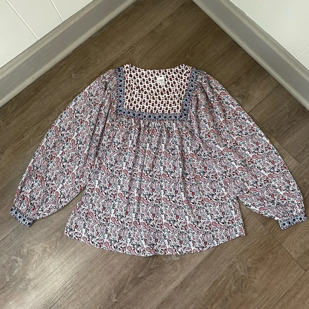 Gap Long Sleeve Boho Peasant Prairie Blouse Top ~ Ivory Frost Paisley ~ Size XS - Image 12