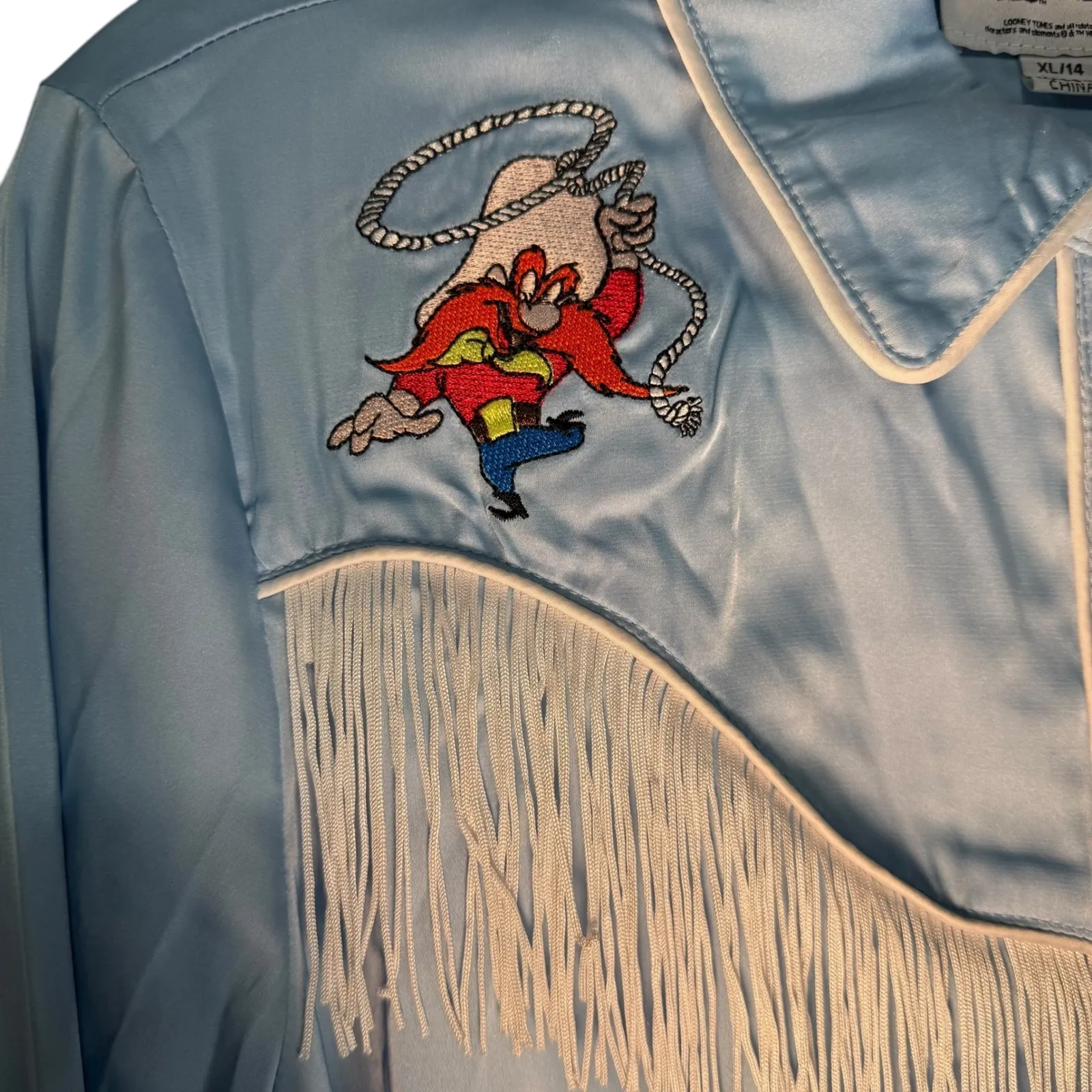 Looney Tunes Unique Vintage Western Shirt Bugs Bunny Yosemite Sam Fringe Blue XL - Image 8
