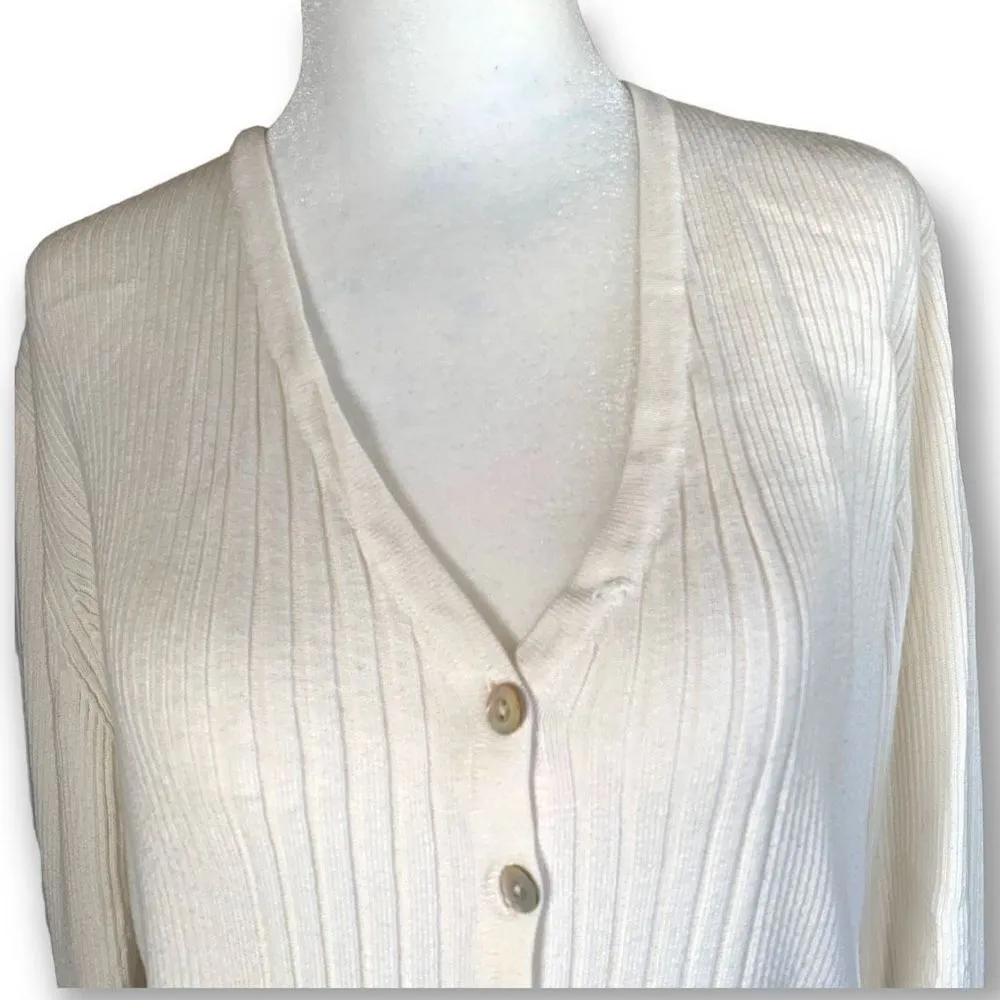 Vintage Worthington Cardigan Sweater Cream Ribbed Knit V-neck Long Sleeve - Image 3