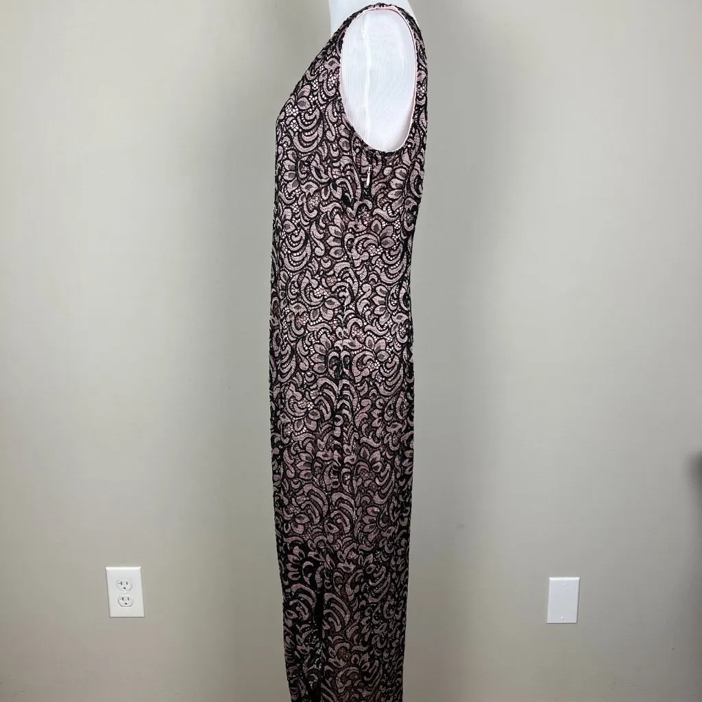 Sharagano Maxi Dress 12 Black Pink Lace‎ Lined V-Neck Sheath Sleeveless Slit Zip - Image 9
