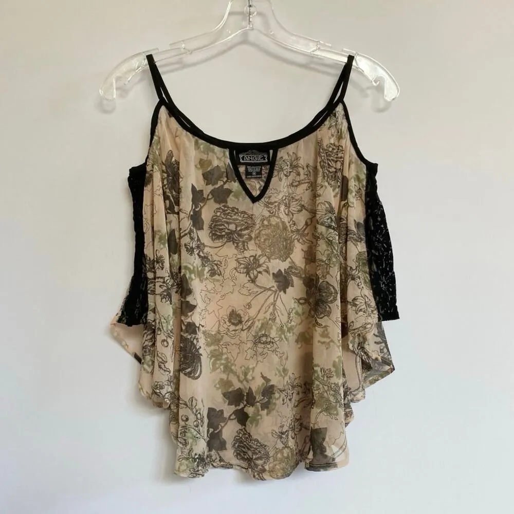 Angie‎ Clothing Blush Georgette Cold Shoulder Floral Sheer Blouse - M - Image 3