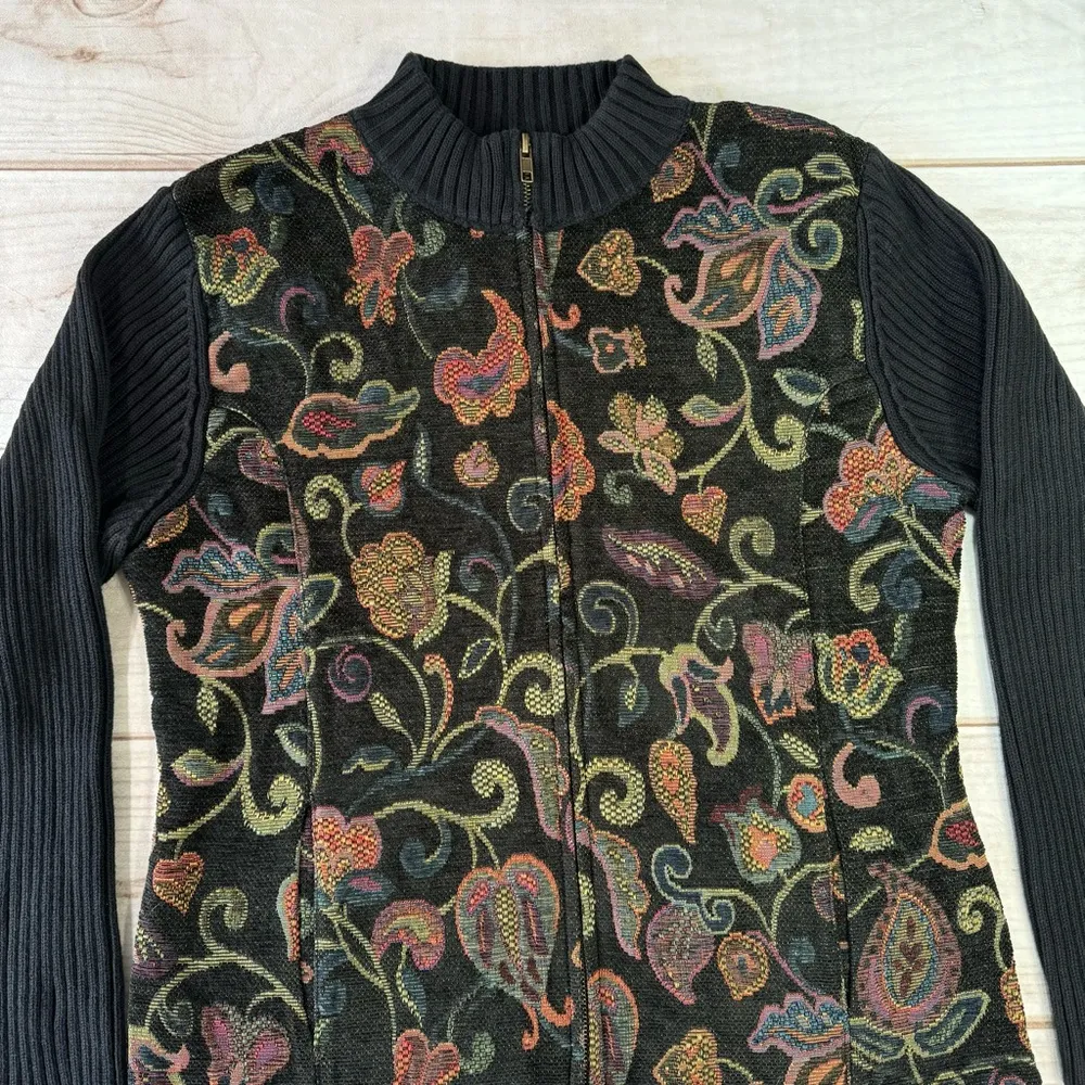 Christopher & Banks Black Ribbed w Jewel Tone Jacquard Floral Zip Front Cardigan - Image 4