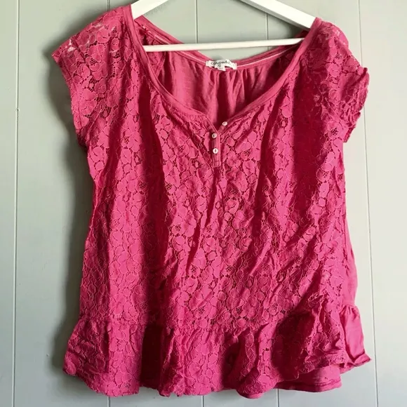 Aeropostale Semi Sheer Pink Lace Retro Peplum Top XL - Image 1