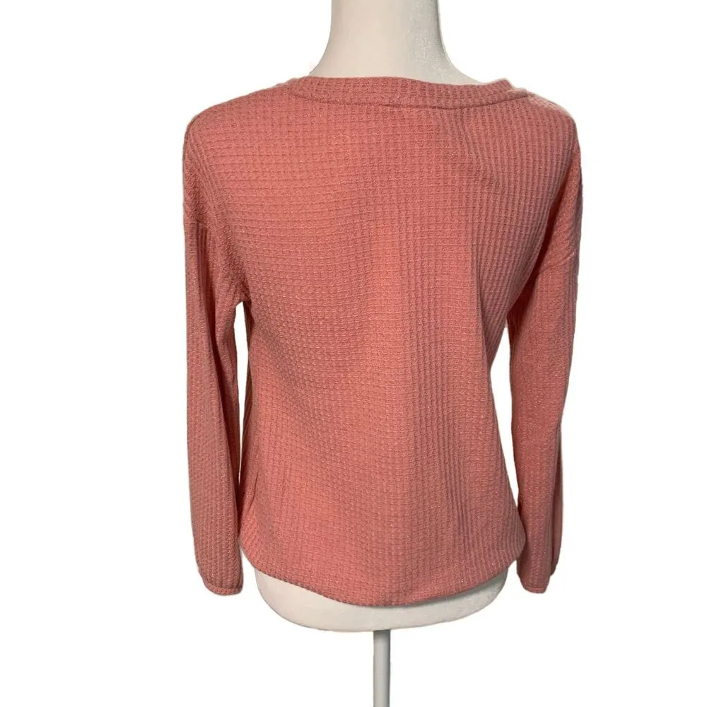 Lauren Conrad LC | Pink Textured Knit Sparkle Tie Front Long Sleeve Size Small - Image 4