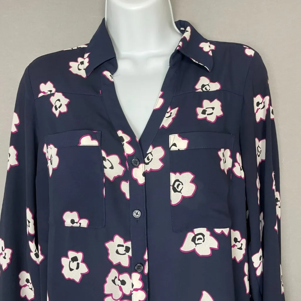 Express Portofino Shirt Blue Floral Polyester V-Neck Long Sleeves Office Small‎ - Image 5