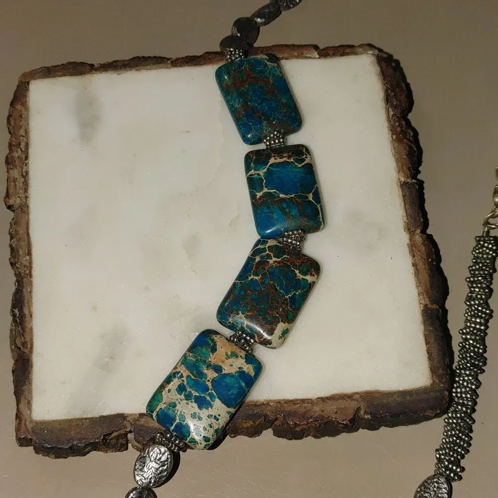 Vintage Silver Necklace Unknown Stone Brown Turquoise Tone Chunky Statement - Image 8