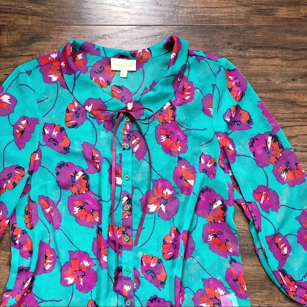 ModCloth • Jade Floral poppy print Peter Pan collar blouse chiffon bow tie neck - Image 4