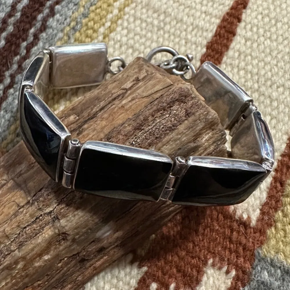 TAXCO Sterling Silver Onyx Cabochon Linked Toggle Bracelet - Image 2