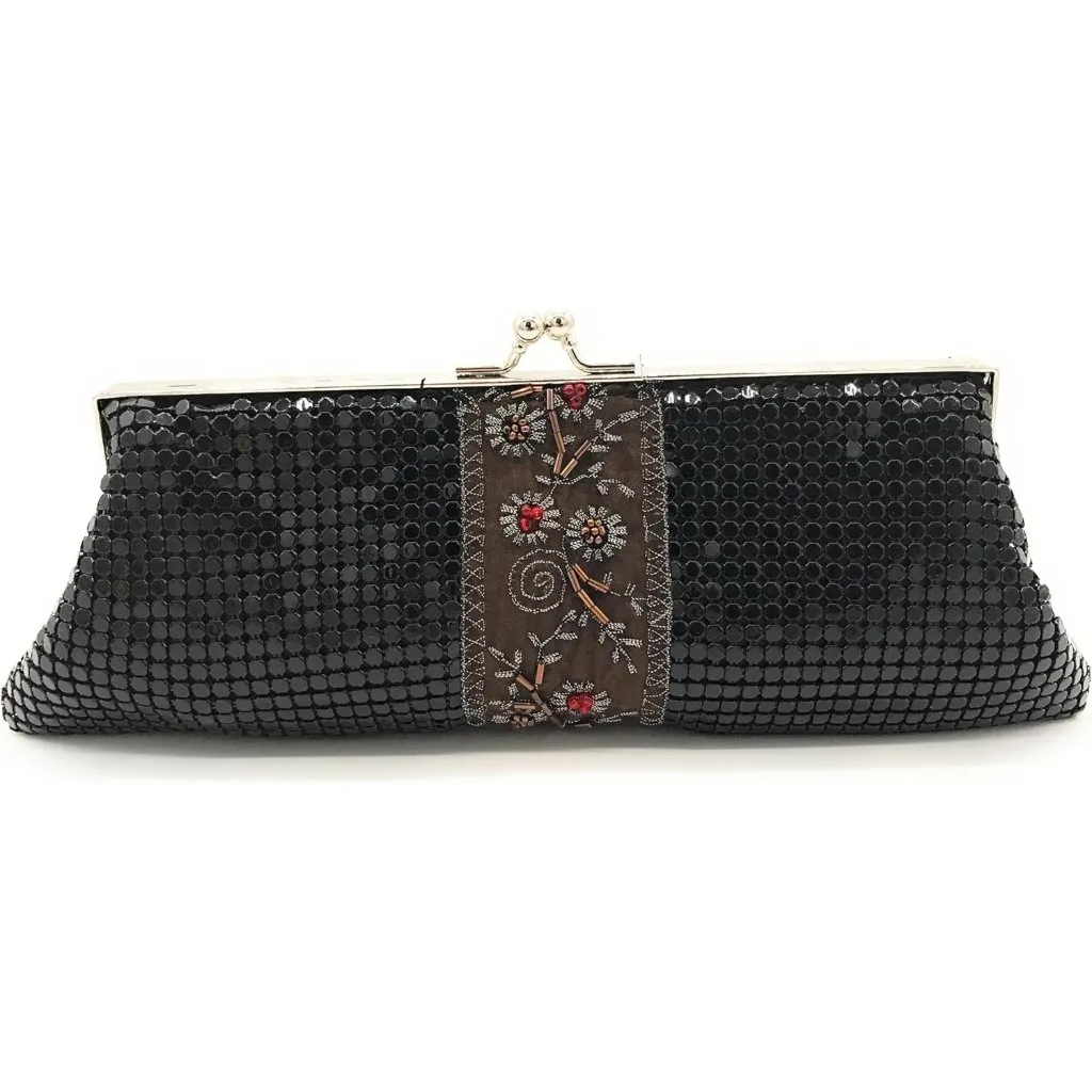 ⚡ Women's Black Embroidered Floral Pattern Metal Kiss Lock Evening Clutch Bag - Image 2
