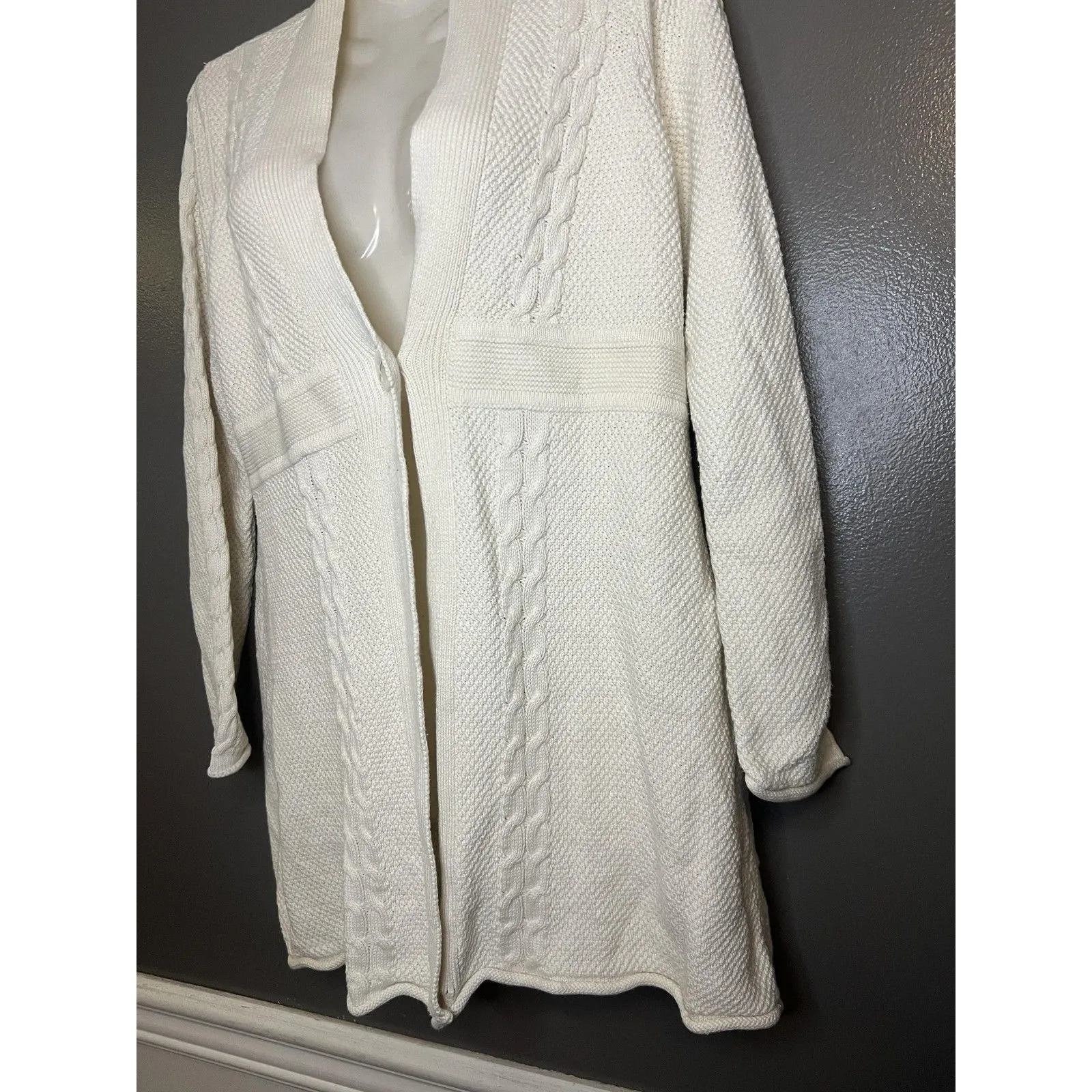 Lizwear Cardigan Sweater Womens Medium White Cable Knit Open Front Shawl Collar - Image 4