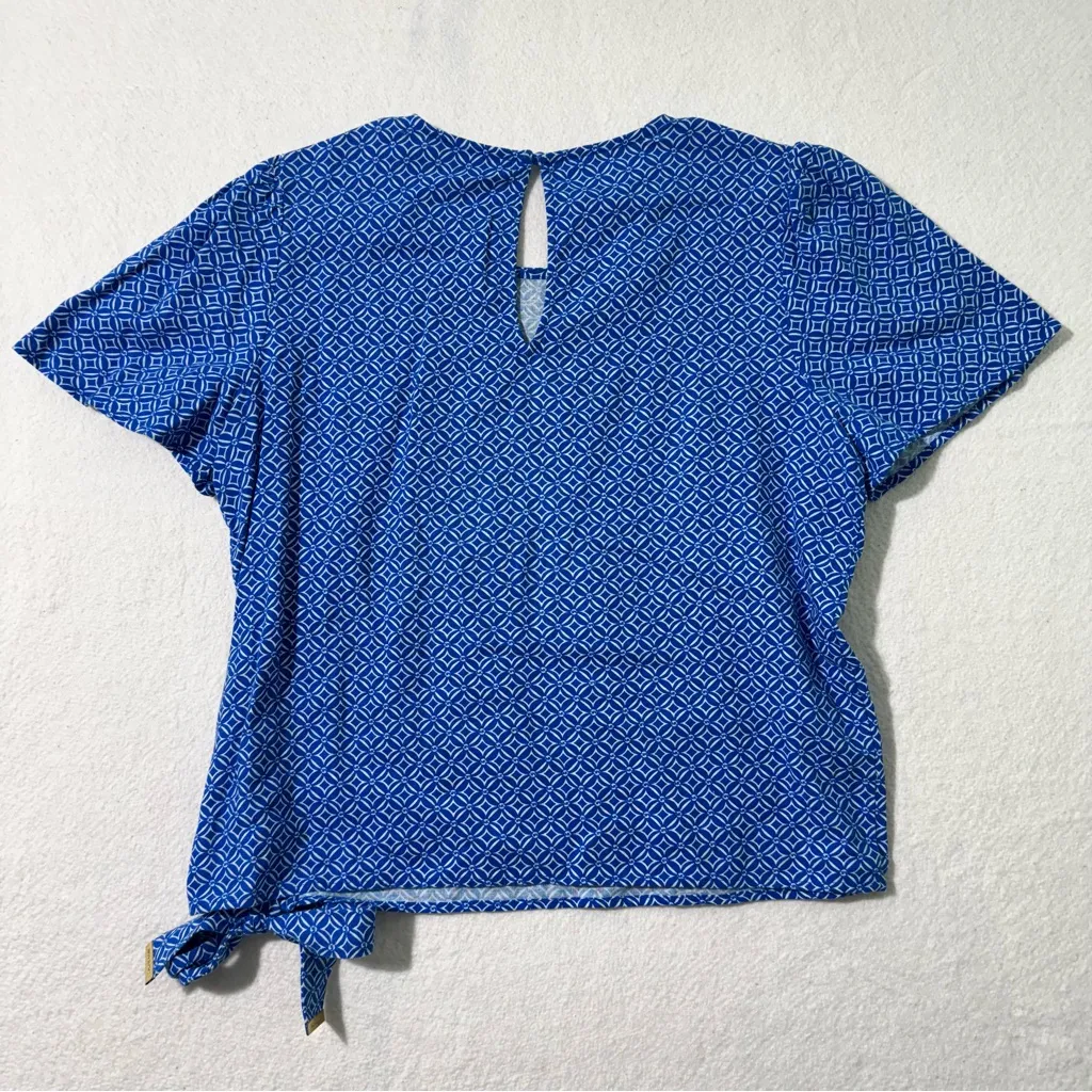 MK Michael Kors Blue Monogram Patterned Linen Side Tie Blouse Top Women's Medium - Image 2