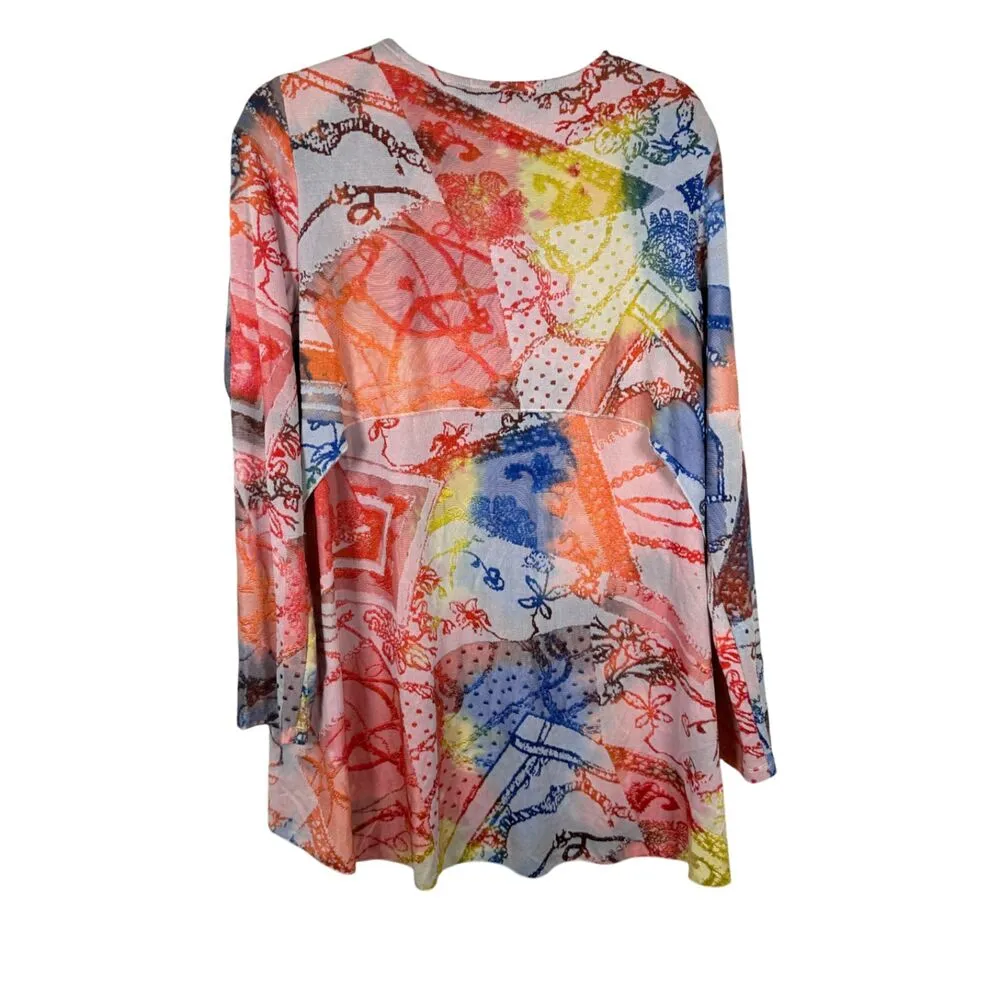 Peter Nygard Bright Colorful Art to Wear Abstract Mesh Burnout Tunic Top Medium - Image 4