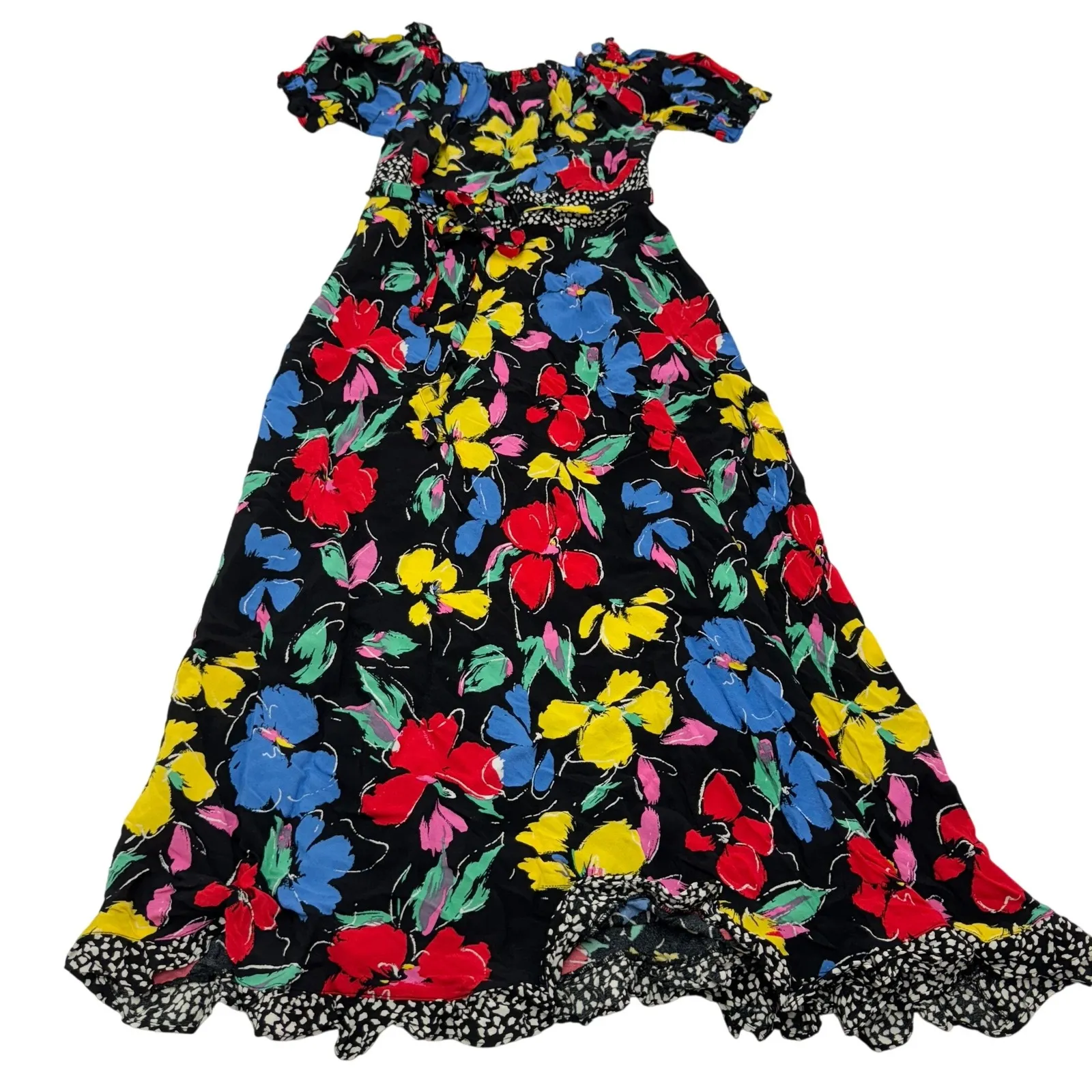 RIXO Dress‎ Womens Size 2 Black Floral Print Off Shoulder Puff Sleeve Maxi - Image 2