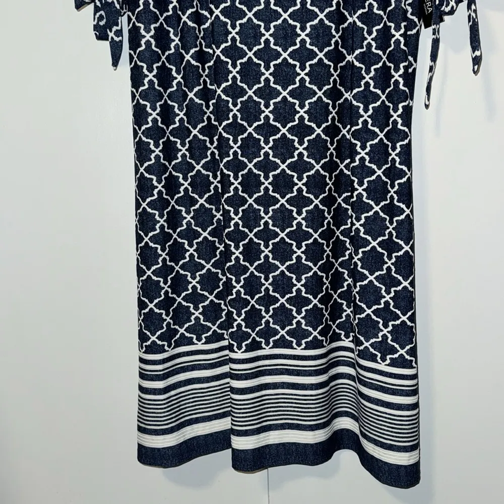 Tacera Navy & White Shift Dress Moroccan Trellis Print w Striped Hem Women’s 2X - Image 6