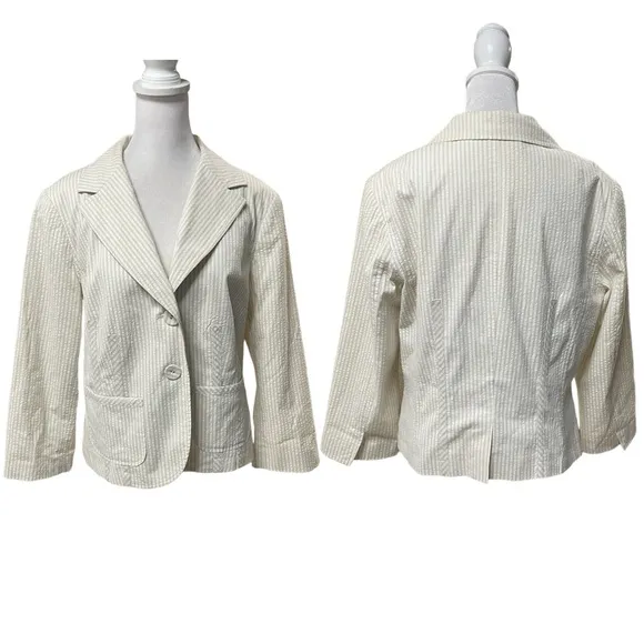 Tan & White Seersucker Stripe 3/4 Sleeve 2 Button Blazer Size 12 - Image 2