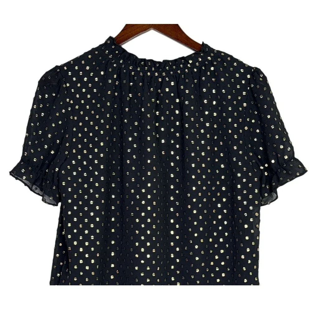 J. Crew Metallic Polka Dot Flowy Short Sleeve Baby Doll Blouse XS Black Gold - Image 5