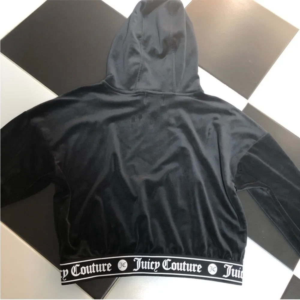 Y2K Velour Cropped Hoodie Sweatshirt Logo Waistband Pullover sz M - Image 7